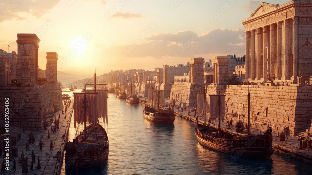 Poster sunset view over a historic harbor with sailing ships and ancient architecture.
