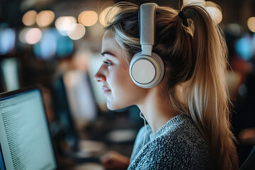 Customer support Call center with headset at her desk in office.