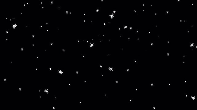 Cute snowflakes snowing effect animation moving slowly, cartoon winter decoration, doodle motion graphic on a transparent background, alpha channel, loop