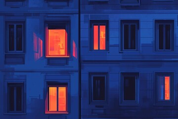 Minimalist illustration of the windows on an apartment building at night, with glowing lights from the windows