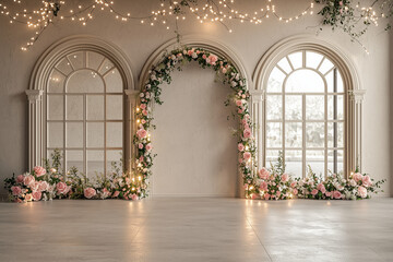 Fototapeta premium Vintage Arched Backdrop with Pastel Roses and Fairy Lights: Elegant White and Beige Floral Display with Whimsical Lighting for Photography