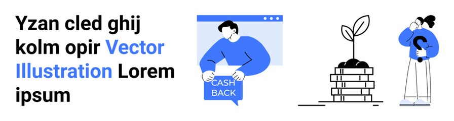 Person in browser window holding cashback sign, plant growing on coins, woman customer support with headset. Ideal for finance, investment, customer service, marketing, growth, technology, business