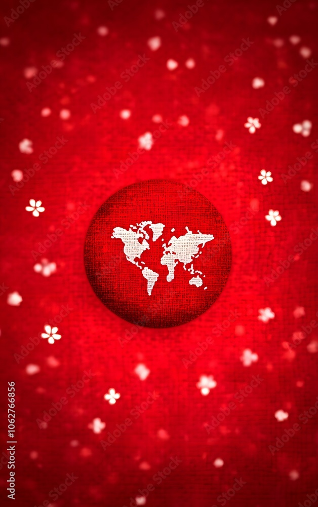 Poster a white outline of the world sits on a red, textured background with a bokeh effect.