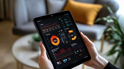 A person holding a tablet displaying vibrant, interactive data analytics in a modern living room setting with a cozy sofa.