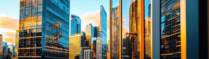 A vibrant city skyline at sunset, showcasing modern skyscrapers reflecting colorful lights and creating a dynamic urban atmosphere.