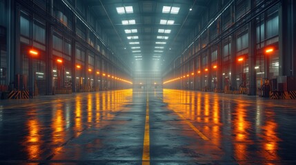 A long, empty warehouse with a concrete floor and yellow lines, illuminated by orange lights.