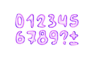 Set of shiny purple bubble style numbers and symbols on white background. Playful glossy digits ranging from 0 to 9, additional punctuation marks. Realistic 3d design. Vector illustration