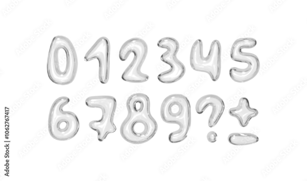 Poster set of shiny pink bubble style numbers and symbols on white background. playful glossy digits rangin