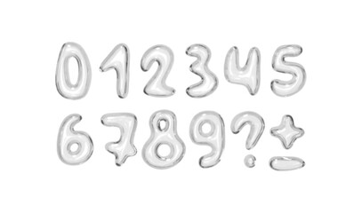 Set of shiny pink bubble style numbers and symbols on white background. Playful glossy digits ranging from 0 to 9, additional punctuation marks. Realistic 3d design. Vector illustration