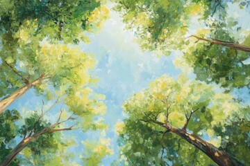 Serene View of Sunlight Filtering Through Lush Green Tree Tops Against Clear Blue Sky