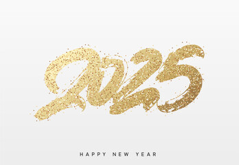 Happy New Year written number golden glitter 2025. Gold glittered 2025 text in a bold, hand painted style on a white background. Vector illustration
