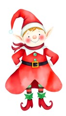 Fototapeta premium Adorable Christmas elf with red hat and festive outfit smiling cheerfully 