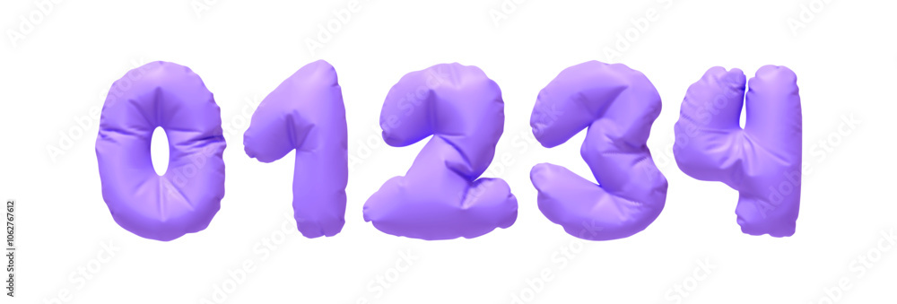 Poster collection of inflated balloons numbers from 0 to 4 isolated on a white background. realistic 3d des