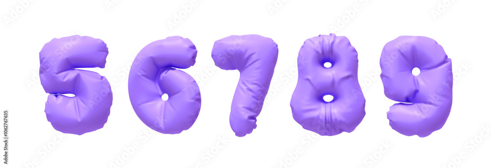 Poster collection of inflated balloons numbers from 5 to 9 isolated on a white background. realistic 3d des