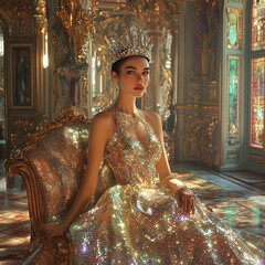 A woman in a shimmering, gold gown and crown sits in a chair in a grand room.

