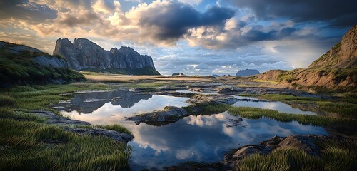 Coastal wetland landscape with tidal pools reflecting a dramatic cloudy sky and rugged terrain