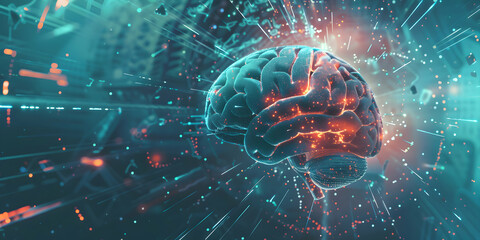 Digital illustration of the human brain showcasing electrical activity and flashes
