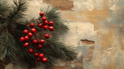 Close-up of vibrant red berries and lush green pine branches on a worn wood background, generous centered copyspace for text, soft warm lighting, hd quality, classic holiday charm, gentle shadows.