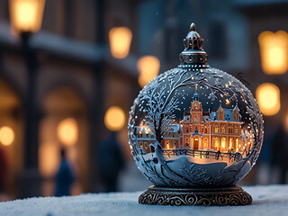 Winter romantic walk through Christmas Prague. Beautiful vintage snow-covered streets with festive...