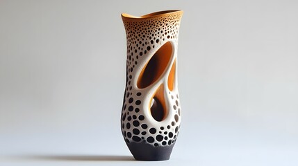 A unique ceramic vase with a white and black abstract design.