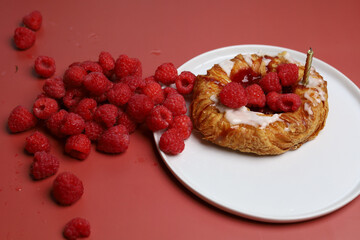 Delicious sweet dessert with raspberry on the white plate and red background 