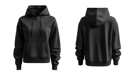 Black female hoodie sweatshirt mockup, front and back view
