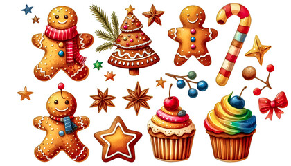 Merry Christmas, Watercolor Clipart set of cute gingerbread cookies in vivid hand painted watercolor painting, isolated on a white background