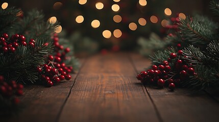 Deep red berries and green pine branches arranged on a rustic wooden background, framing a spacious copyspace in the center, warm holiday lighting, cozy and inviting atmosphere, hd quality,