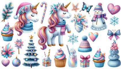 Merry Christmas, Watercolor Clipart set of wonderful winter unicorn, isolated on a white background 