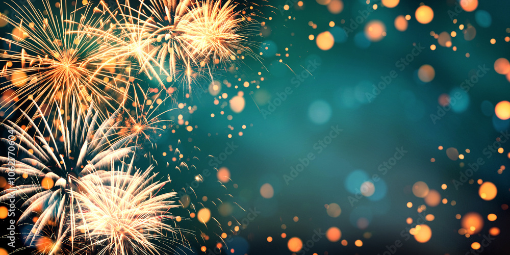 Wall mural gold and green fireworks and bokeh in new year eve and copy space. abstract background holiday.