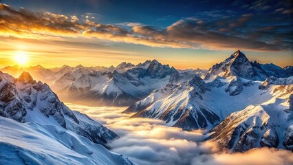 Snow-covered peaks and valleys in a mountain range at sunrise, snow, atmospheric conditions