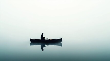 Silhouette of a person kayaking on calm water, serene atmosphere, minimalist scene.