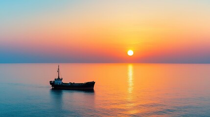 Obraz premium Boat sailing on calm waters during a vibrant sunset with colorful sky.
