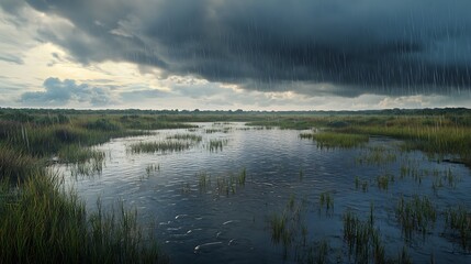 Fototapeta premium Rain-drenched wetland landscape with rippling water reflecting the dark clouds of an impending storm