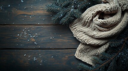 Knitted scarf, pine branches, and seasonal accents arranged on a deep wood background, a cozy holiday atmosphere, generous copyspace, warm winter lighting, hd quality, inviting shadows. --ar 16:9