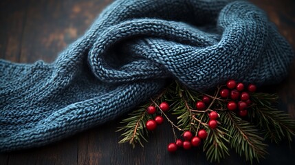 Knitted scarf, pine branches, and red berries scattered on a dark rustic wood background, ample copyspace for holiday text, warm cozy lighting, hd quality, inviting holiday atmosphere. --ar 16:9
