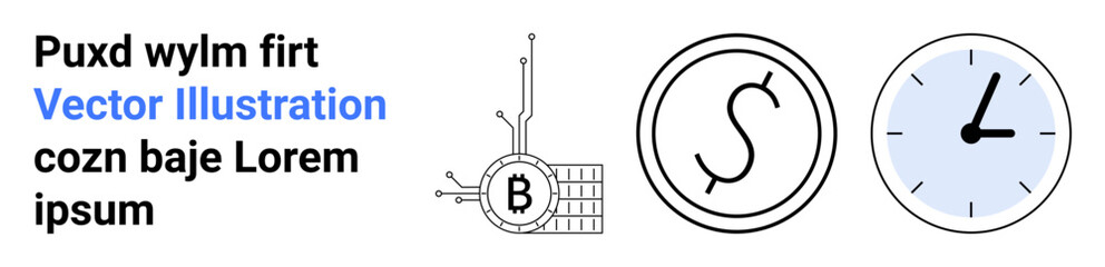 Bitcoin circuit, startup success symbol, and a clock. Ideal for cryptocurrency, fintech, time management, startup success, business planning, digital marketing, and financial websites. Landing page