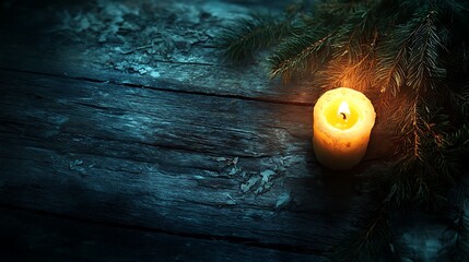 Pine branches and candlelight casting a warm glow on a dark rustic wood background, generous copyspace for holiday text, soft, inviting lighting, hd quality, serene and festive holiday feel.