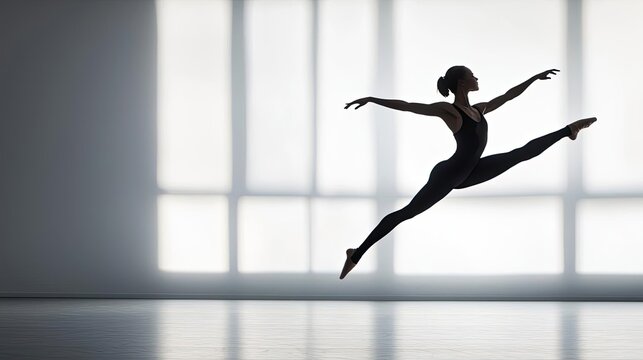 Ballet dancer performing an elegant leap in a studio with soft natural lighting.
