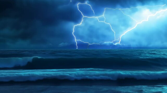 lightning strike in the ocean with island seascape at nighttime