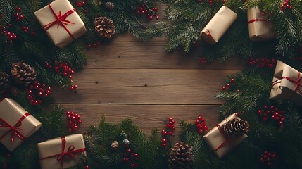 Pine branches, red berries, and gift wrapping items spread across a rustic wooden background, spacious centered copyspace, warm winter lighting, hd quality, classic holiday flatlay, natural shadows.