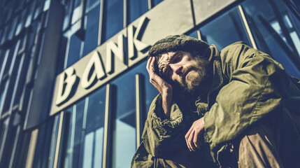 A distressed man sits in front of a bank, contemplating his situation of poverty and the impact of debt on modern life. His clothing suggests hardship and survival
