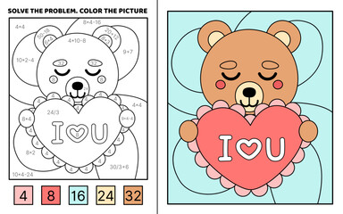 Solve the problem, color the picture. Bear and big heart i love you. Coloring book. Vector.