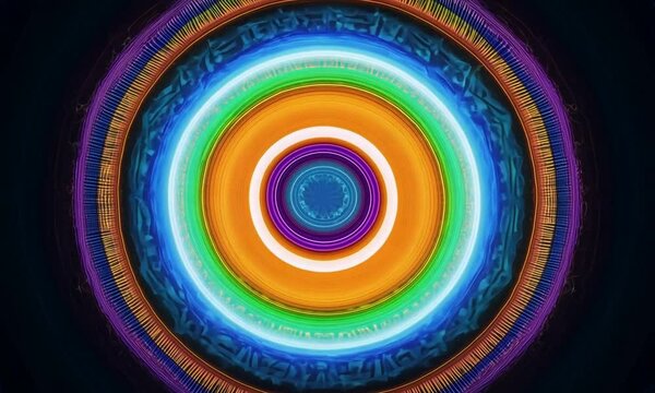 Fractal rainbow circle texture on black background. Generative AI