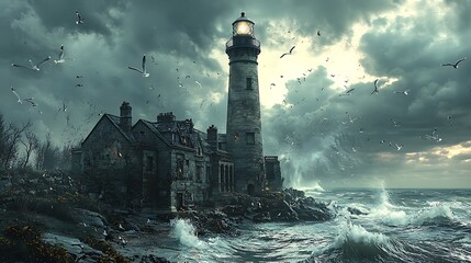 A solitary lighthouse stands tall against a stormy sea, its beacon a beacon of hope in the darkness.