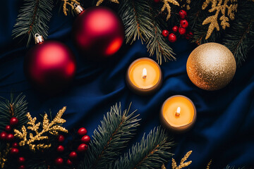 Minimal Christmas Flat Layout with Festive Decorations &ndash; Midnight Blue, Candlelight Gold, and Cranberry Red