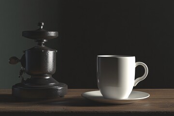 Vintage Coffee Grinder and Mug on Rustic Wooden Table