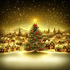 Obraz premium A vibrant Christmas scene featuring a beautifully decorated tree illuminated by warm lights, surrounded by snow-covered houses in a festive atmosphere.