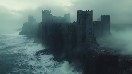 An ancient stone castle perched on a cliff overlooking a stormy sea. The castle is weathered and worn, with crumbling walls and towers. 