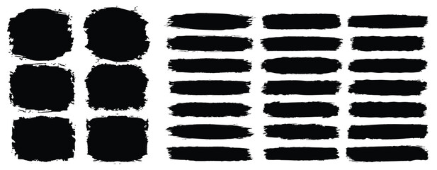 Set of grunge black paint, ink brush strokes,  brushes, lines, frames. Ink splatters, grungy painted lines, artistic design elements. Brush stroke paint boxes on white background.